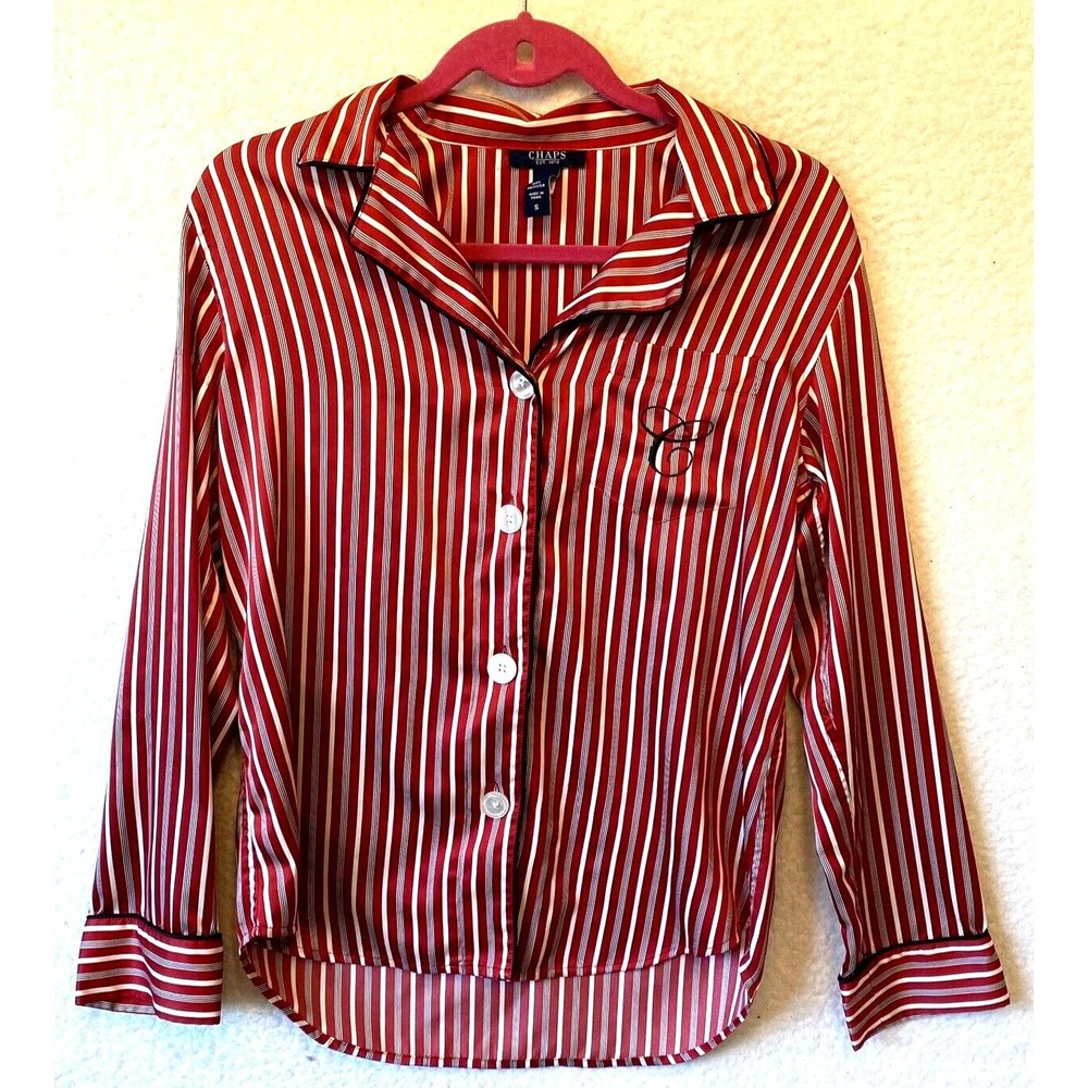 Chaps Womens Pajama Top  Small Red White Striped Button‎ Up Long Sleeve Satin